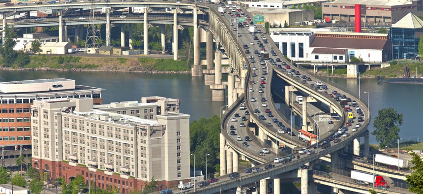 A highway interchange south of downtown Portland, Oregon.