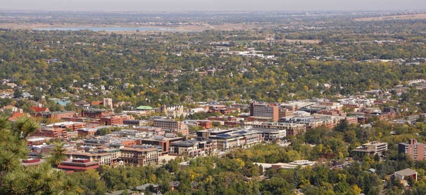 A view of Boulder, Colorado, which sits at the foot of the Rocky Mountains' Front Range.