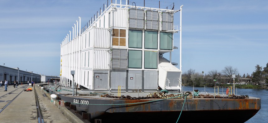 The Google barge is seen moored at the Port of Stockton Thursday, March 6, 2014, in Stockton, Calif. Google's mystery barge has arrived at its new home in the California delta after the Internet company was ordered to move it from San Francisco. 