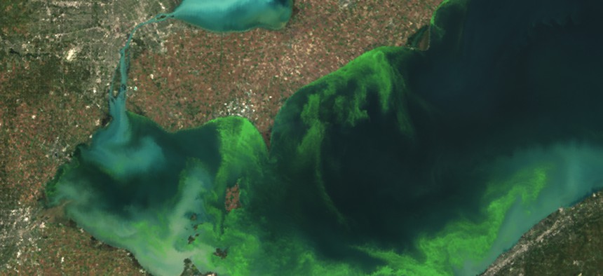 This satellite image shows the formation of algal blooms in Lake Erie during the summer of 2011.