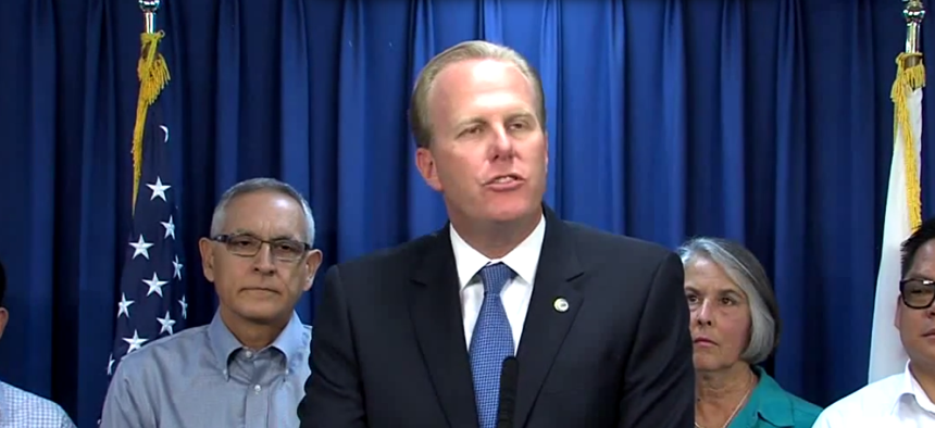 San Diego Mayor Kevin Faulconer announces his veto earlier this month.