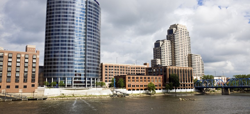 The Grand River runs through downtown Grand Rapids.
