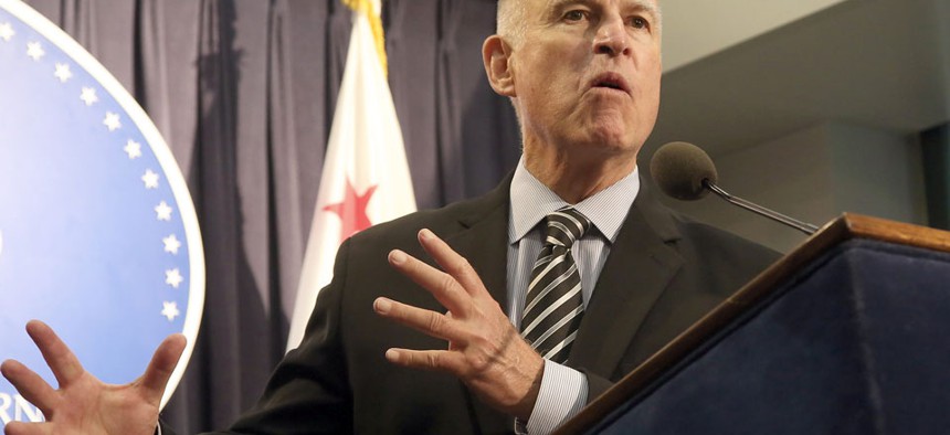 California Governor Jerry Brown speaks in Los Angeles on Sept. 10.