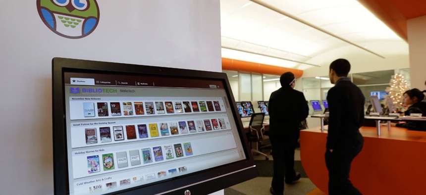 A computer screen displays books available at BiblioTech, a first-of-its-kind digital public library, in San Antonio. 