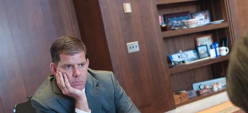 Boston Mayor Marty Walsh in his City Hall office during a Reddit AMA in April.