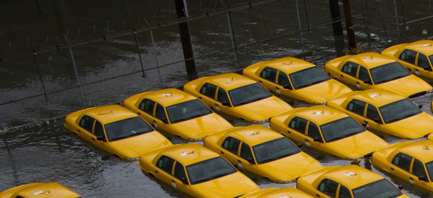 A taxicab parking lot in Hoboken, N.J., was submerged during Superstorm Sandy in 2012.