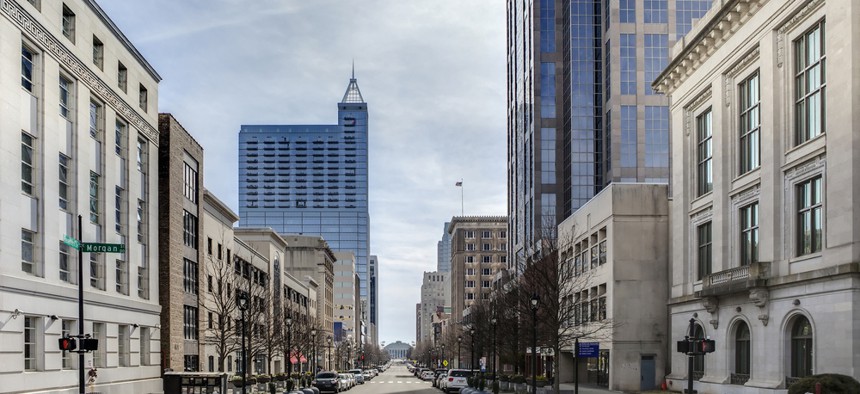 Looking south along Fayetteville Street in downtown Raleigh, North Carolina.