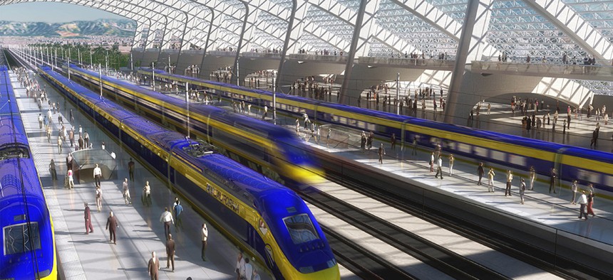 An artist's rendering of a high-speed train station in California. 