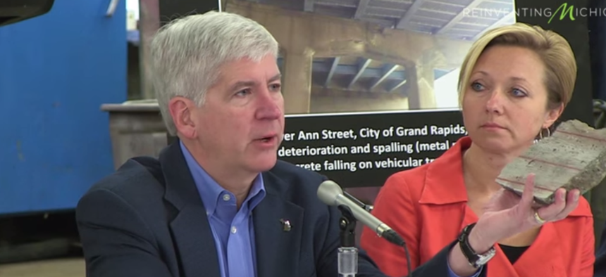 Michigan Gov. Rick Snyder has been hauling chunks of concrete around his state in advance of the Proposal 1 vote.