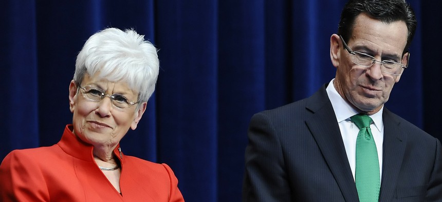 Connecticut Gov. Dannel P. Malloy, right, stands with Lt. Gov. Nancy Wyman.