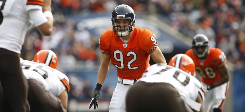 Chicago Bears linebacker Hunter Hillenmeyer (92) is seen in action against the Cleveland Browns during an NFL football game in Chicago, Sunday, Nov. 1, 2009.