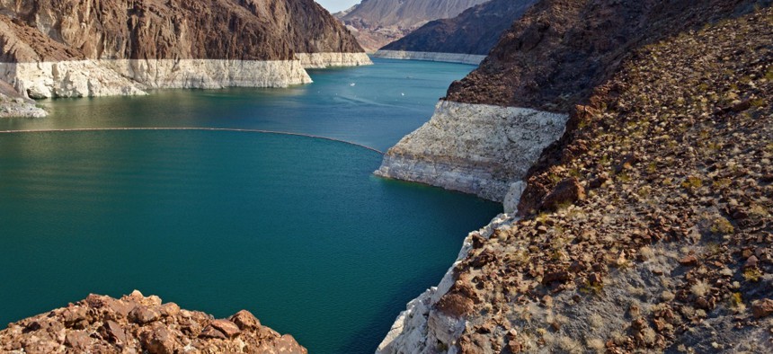 The Colorado River's Lake Mead reservoir behind Hoover Dam.