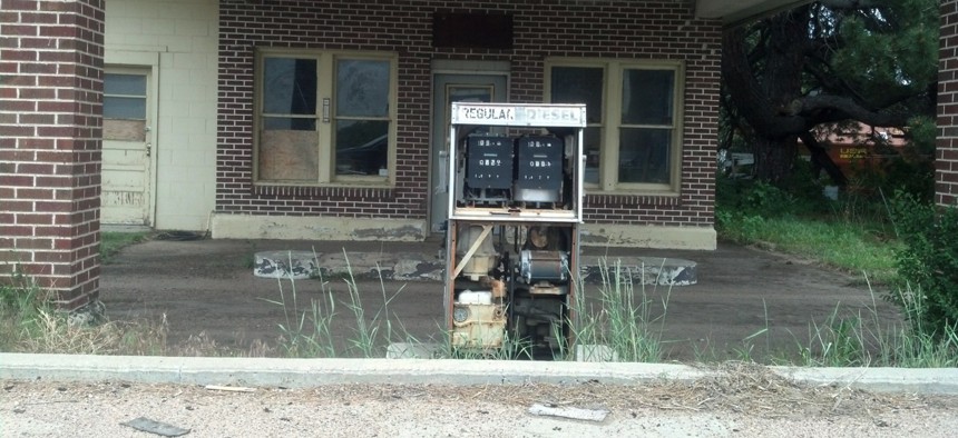 An abandoned gas station along U.S. 30 in Roscoe, Nebraska.
