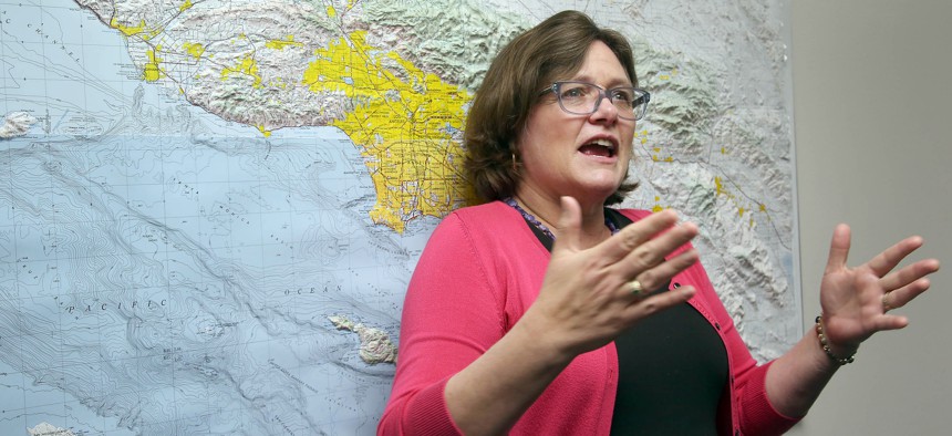 Lucy Jones, a USGS seismologist, talks during a news conference at Caltech in Pasadena, Calif, on Monday, March 17, 2014, following a 4.4. earthquake in the Los Angeles area.