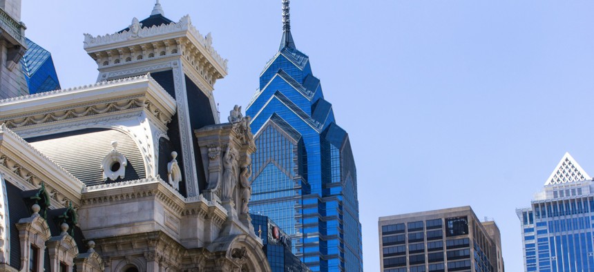 Philadelphia City Hall, at left, in Center City.