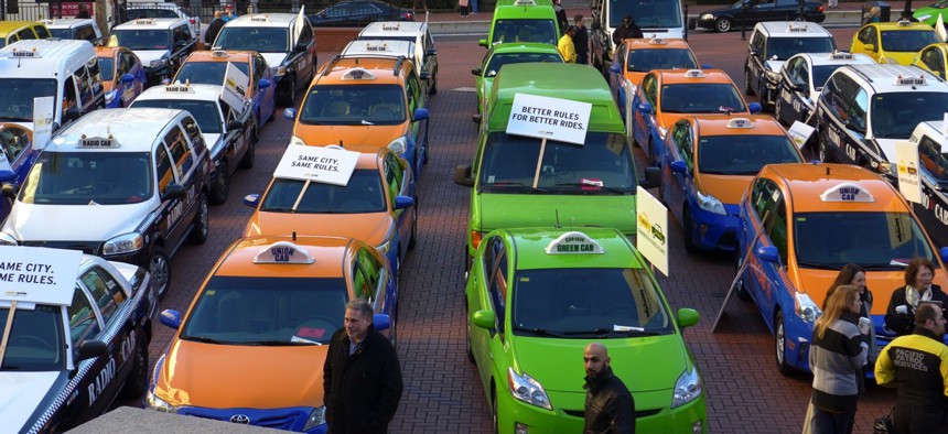 Around 70 of Portland, Oregon's 460 cabbies protested ride-sharing companies like Uber in January by parking in Pioneer Square.