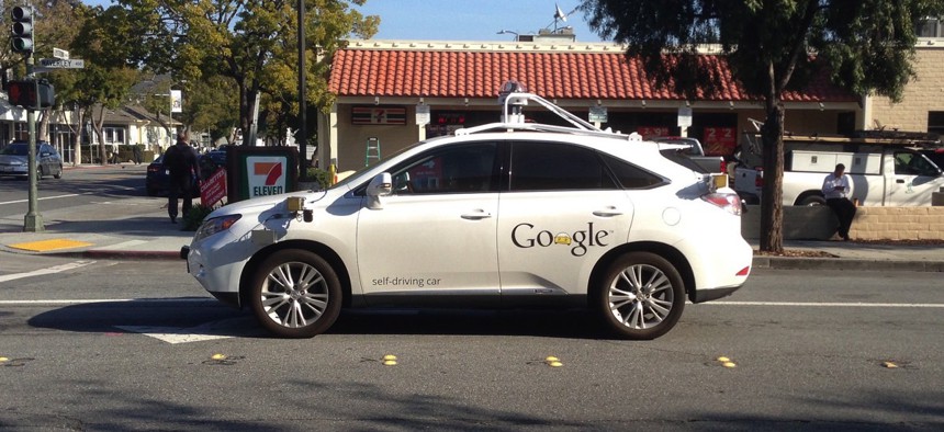 A self-driving Google car on the streets of Palo Alto, California