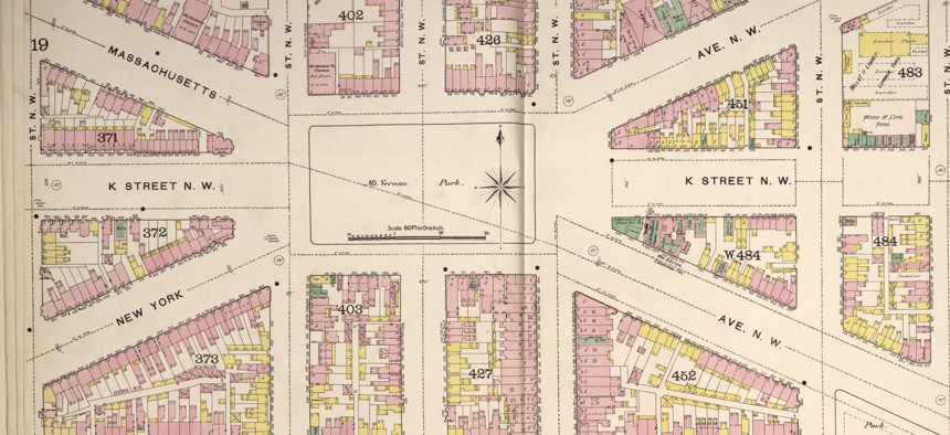 Massachusetts and New York avenues intersect at what is today known as Mt. Vernon Square, as seen in this 1888 Sanborn Fire Insurance map.