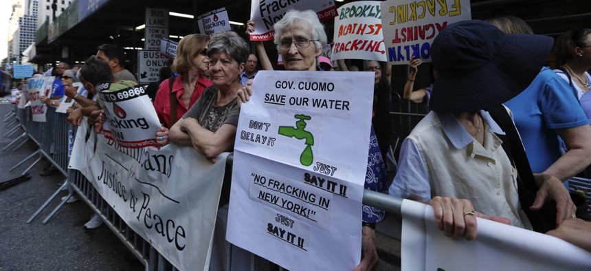 New Yorkers Against Fracking held a rally in June 2014 in front of the Grand Hyatt Hotel, where Governor Cuomo attended a fundraiser, a year before the state banned the practice statewide.