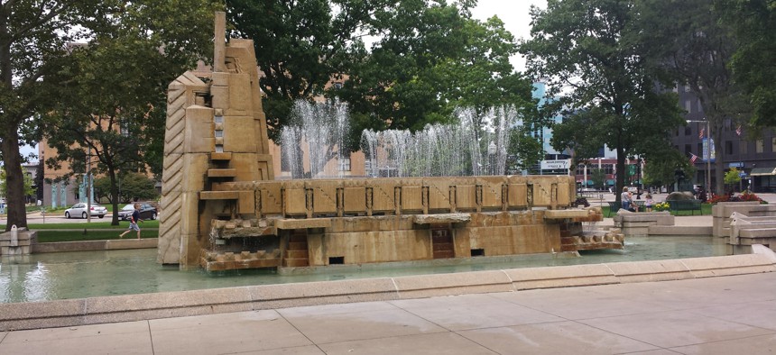 The fountain in Bronson Park in downtown Kalamazoo, Michigan