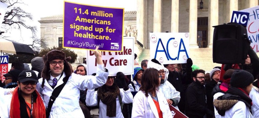 A rally in support of the Affordable Care Act prior to the March King v. Burwell ruling outside the U.S. Supreme Court.