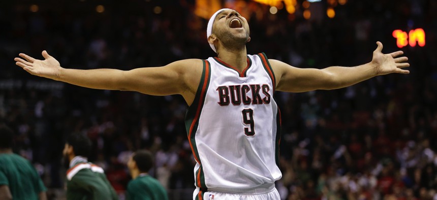 Milwaukee Bucks' Jared Dudley celebrates after Game 4 of an NBA basketball first-round playoff series against the Chicago Bulls Saturday, April 25, 2015, in Milwaukee.