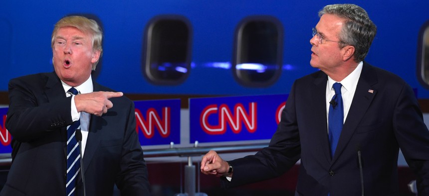 Republican presidential candidates Donald Trump, left, and Jeb Bush, at the CNN GOP debate in Simi Valley, California, on Sept. 16.