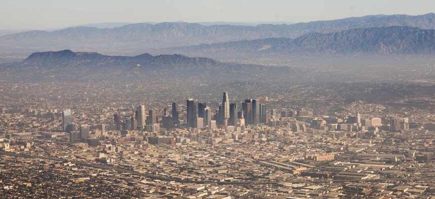 Downtown Los Angeles with the San Gabriel Mountains in the distance.
