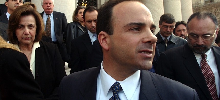 Bridgeport, Conn., Mayor Joseph Ganim leaves U.S. District Court in New Haven, Conn., Wednesday, March 19, 2003, after he was found guilty on 16 of 21 federal corruption charges. 