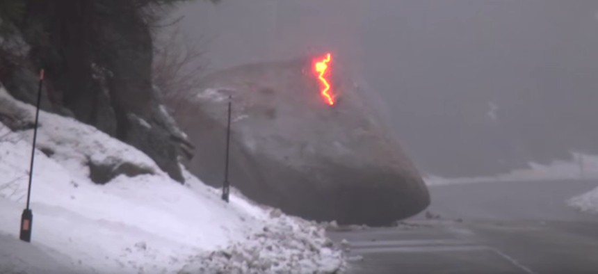 Caltrans had to carefully blow up this boulder blocking U.S. 50 near Lake Tahoe.