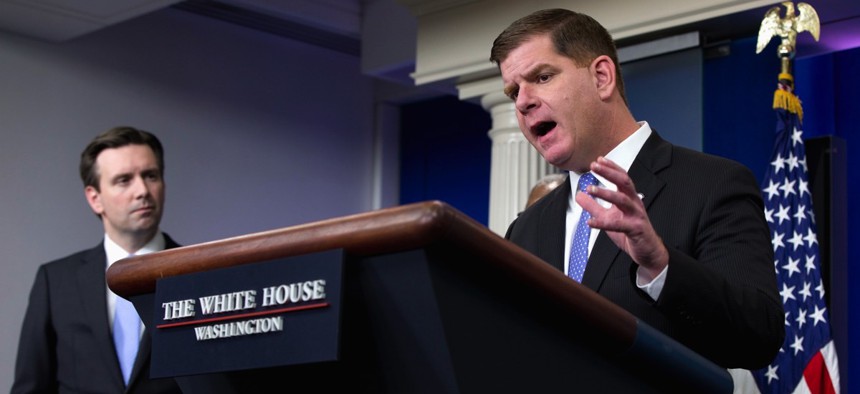 Boston Mayor Martin Walsh speaks about a variety of topics affecting U.S. cities, during the daily news briefing Thursday at the White House in Washington D.C.