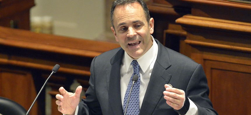 Kentucky Gov. Matt Bevin delivers his inaugural budget address at the State Capitol in Frankfort on Tuesday, Jan. 26, 2016.