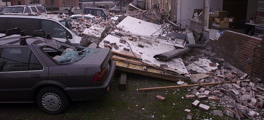 Building damage in south Seattle from the 6.8 magnitude Nisqually earthquake, which hit the Puget Sound region on Feb. 28, 2001.