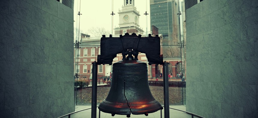 The Liberty Bell and Independence Hall in Philadelphia, Pennsylvania.