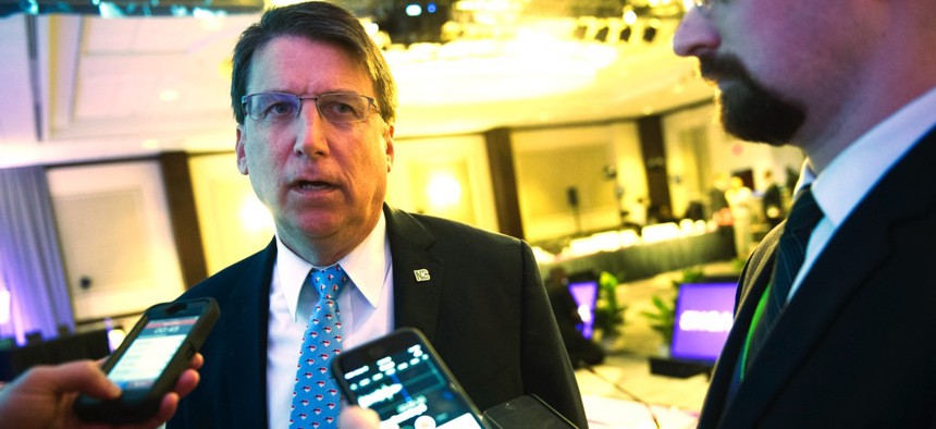 North Carolina Gov. Pat McCrory speaks with reporters following the opening session of the National Governors Association Winter Meeting on Saturday in Washington D.C.