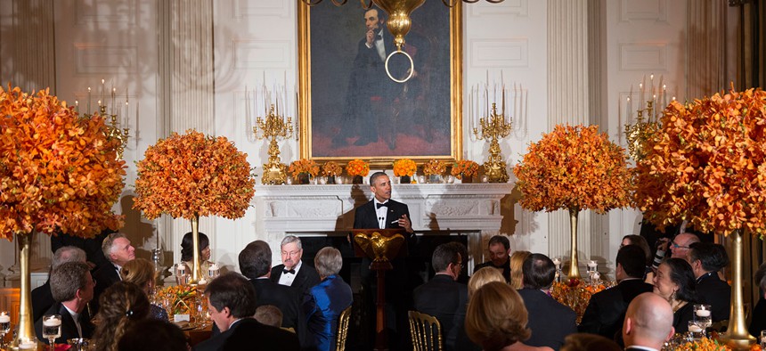 Obama spoke Sunday at the National Governors Association dinner in the State Dining room of the White House.