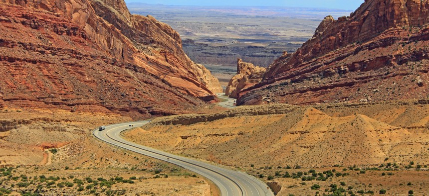Interstate 70 passes through Spotted Wolf Canyon in Utah.