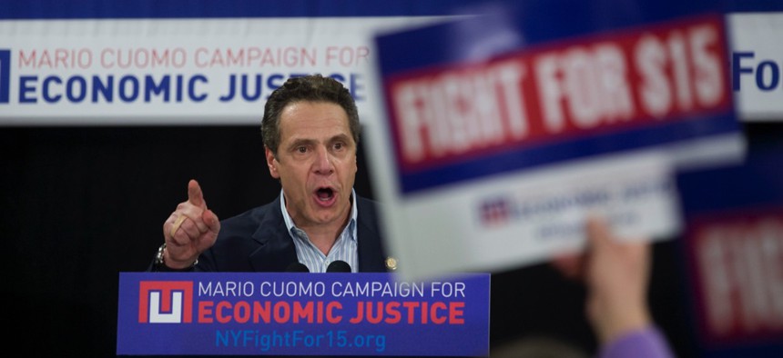 New York Gov. Andrew Cuomo speaks during a rally to raise the minimum wage on Thursday, Feb. 25, 2016, in Albany, N.Y. Cuomo is continuing his push to raise the minimum wage to $15.