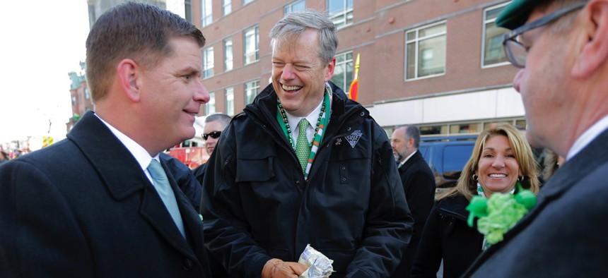 Mayor Marty Walsh and Mass. Gov. Charlie Baker on Sunday at the St. Patrick's Day Parade in Boston.