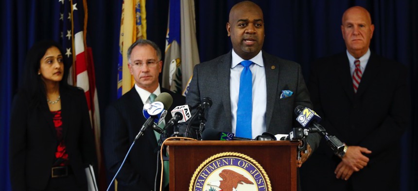 Newark Mayor Ras Baraka speaks during a news conference on the city's police settlement with the U.S. Department of Justice.