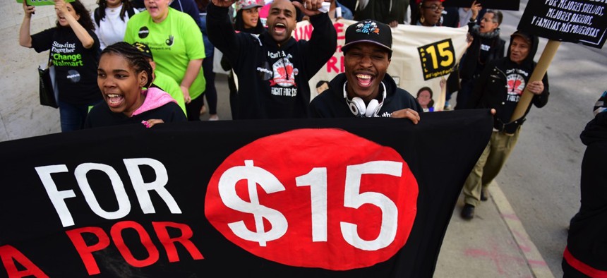 A demonstration in favor of the $15 minimum wage in New York City. 