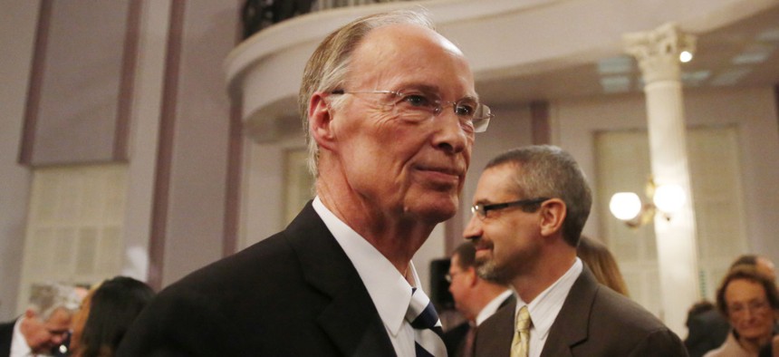Alabama Gov. Robert Bentley walks towards the door after speaking during the annual State of the State address at the Capitol, Tuesday, Feb. 2, 2016, in Montgomery, Ala.