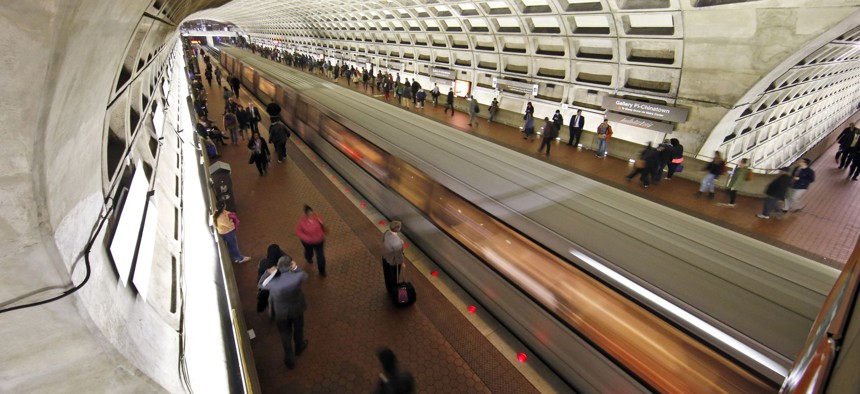 A Red Line Metrorail train departs the Gallery Place-Chinatown Station in Washington, D.C.