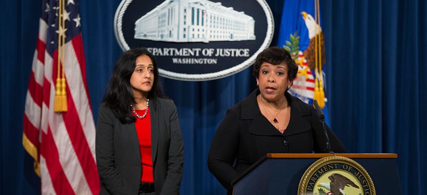 Flanked by acting assistant attorney general for the Civil Rights Divisio, Loretta Lynch called the law "state-sponsored discrimination" Monday.