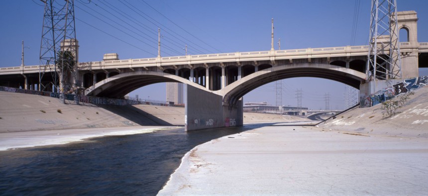 First Street crosses the Los Angeles River near downtown Los Angeles.