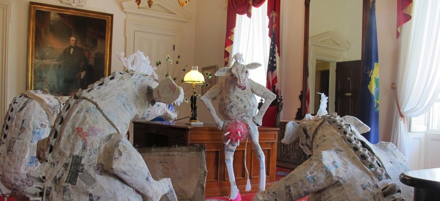 A portion of an art display by Katie Hunt, wife of Vermont Gov. Peter Shumlin, which she says is a satire of their lives and now sits in his office.