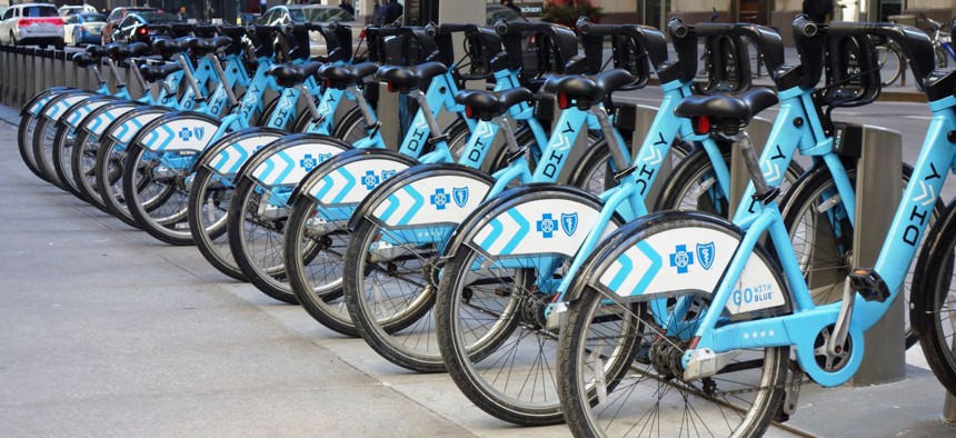 A Divvy bikeshare docking station in downtown Chicago.