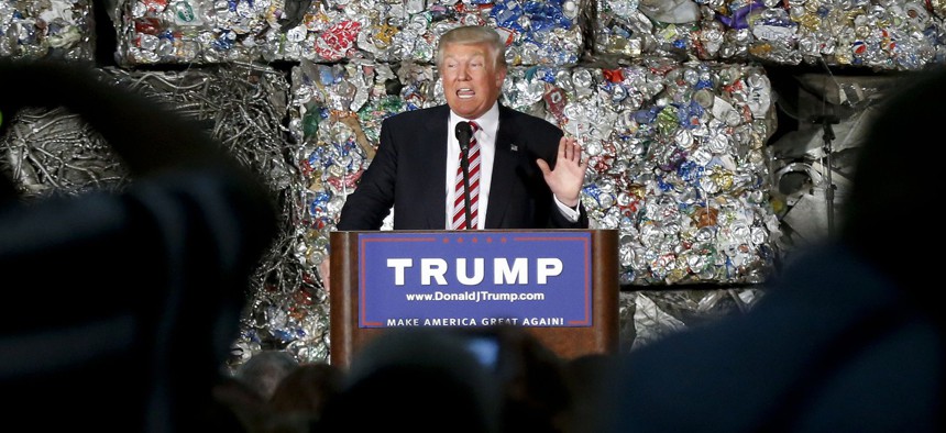 Republican presidential candidate Donald Trump speaks during a campaign stop, Tuesday, June 28, 2016, at Alumisource, a metals recycling facility in Monessen, Pa.