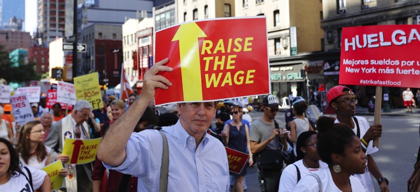 A 2014 protest in favor of an increased minimum wage in New York City. 