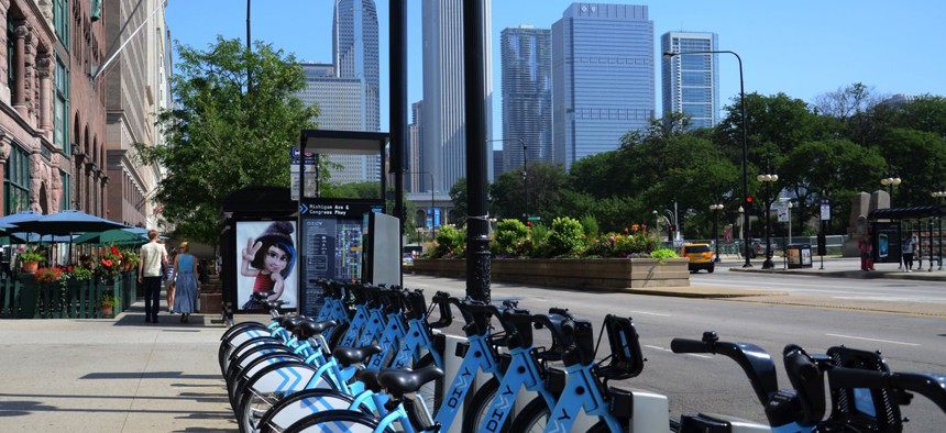 A Divvy bikeshare station on Michigan Avenue in Chicago, Illinois.